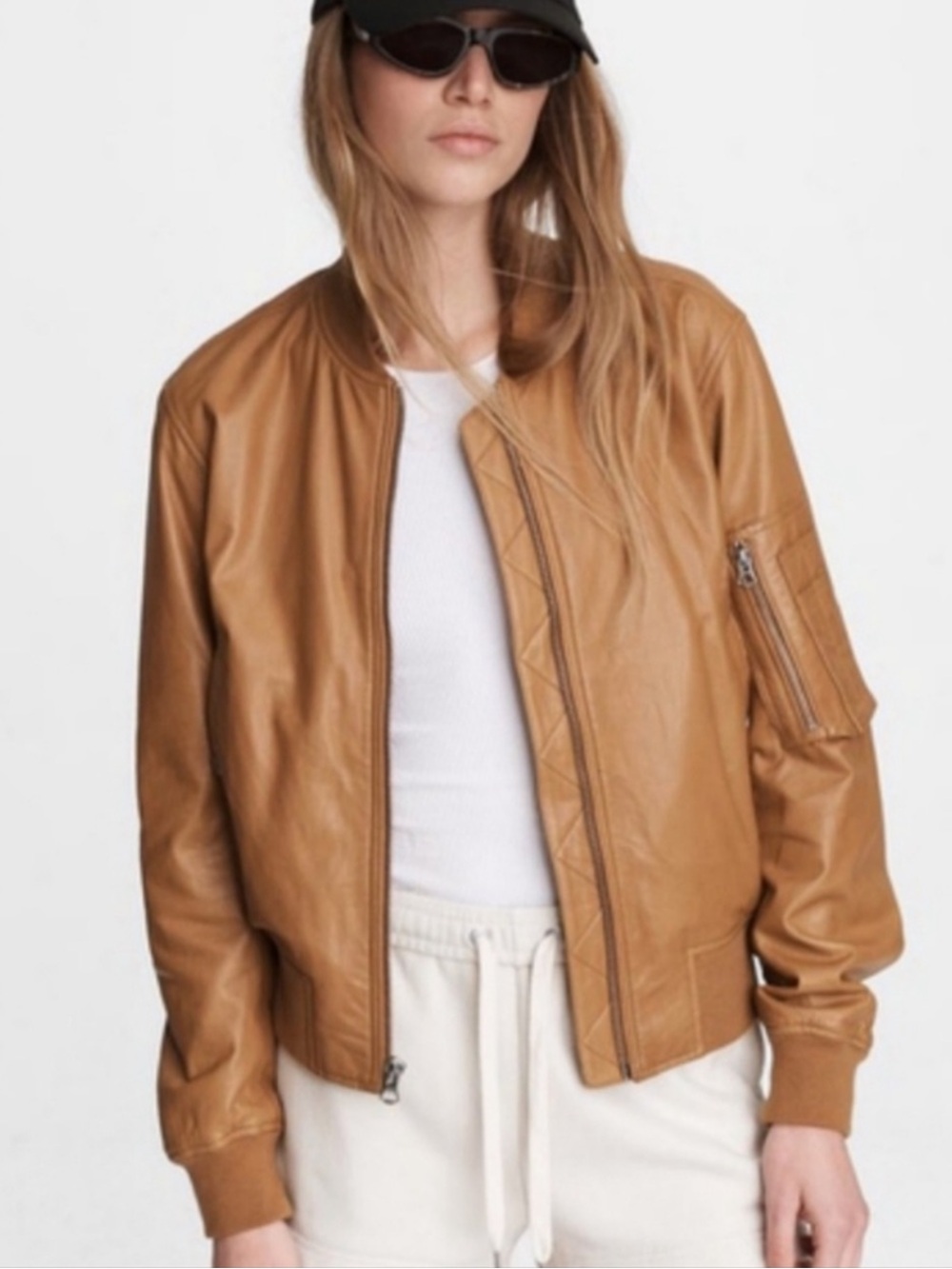 Rag & Bone Women's Manston Cognac Brown Tan Lamb Leather Bomber Jacket Small